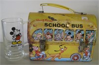 Vtg Disney School Bus Lunchbox & Mickey Glass