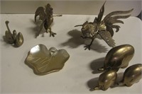 8 pc Brass Figurines Roosters, Swans & Elephants