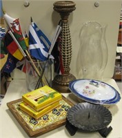 Box Lot Of Country Flags Candles Tile Pot Holder