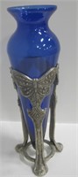 Cast Metal & Blue Glass 2-Piece Vase - 12" Tall