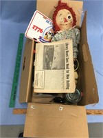 Box lot of collectable items: old raggedy Ann, por