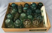 Box lot of old 18 Aqua glass insulators and 3 smal
