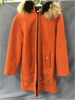 Ladies orange embroidered wool coat, made by Kelse