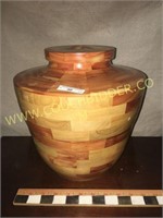 12" handmade checkered wood vessel/urn w/ lid