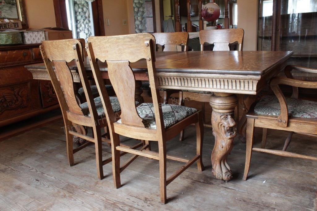 Entire Hand Carved Tiger Oak Dining Set, Tiger Oak Dining Room Table And Chairs