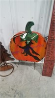 Pumpkin w/ witch yard art, 23.5" tall