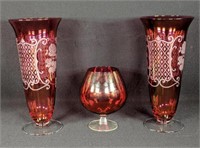 Trio Of Etched Ruby Glassware