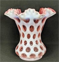 Pink Opalescent Fenton Crimped Edge Vase