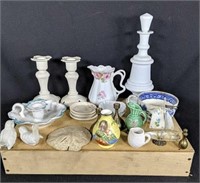 Wooden Tray Full Of Vintage China & Collectibles