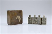 CHINESE METAL SQUARE BOX AND HINGED SNUFF BOTTLES