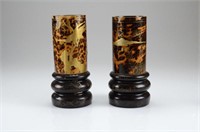 PAIR OF TORTOISE SHELL AND GILT LACQUER BRUSH POTS