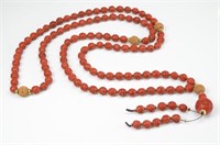 LONG CHINESE RED LACQUER CINNABAR BEADED NECKLACE