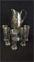Vintage Hand Painted Pitcher And 5 Glasses
