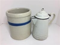 Enamelware Tea Kettle and Pottery Crock