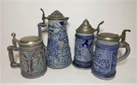 Four Blue & Gray Lidded Beer Steins