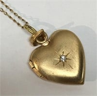 14k Gold Heart Locket With Small Diamond On Chain