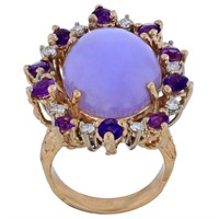 14kt  8ct lavender Jade, diamond & amethyst ring
