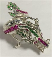 Sterling Dragon Ring With Pink & Green Stones