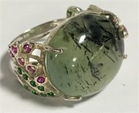 Sterling Silver Ring, Jade, Red & Green Stones