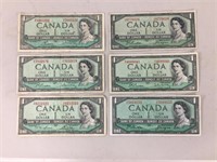 6 canadian 1954 dollar bills