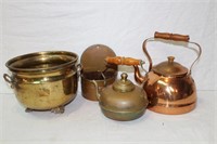 Copper and brass, kettles, jardinere, wall pocket