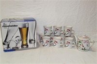 10 mugs, teapot, 6 Pilsner glasses