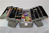 Aluminum fold out fishing tackle box and contents