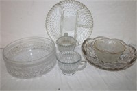 Glass bowls, serving plate, cream, sugar, etc