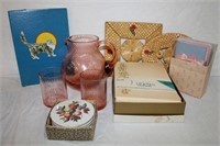Note paper, pink glass jug with 2 glasses, cards,