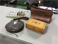 2 leather purses, wood jewelry box and clothes
