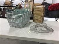 Wire baskets, metal pans and decor hat