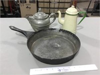 Steel fry pan, enamel and metal coffee/tea pots