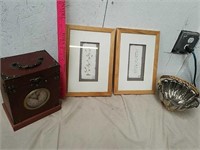 Framed artwork, silver basket and decorative
