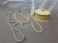 4 faux pearl necklaces and vintage hard plastic