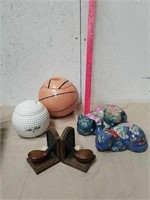 Golf bookends, golf ball cookie jar, basketball