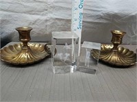 Pair of heavy brass candlesticks and decorative