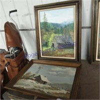 2 framed paintings - log home