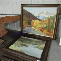 2 framed paintings water, fall scene