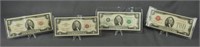 4 Two Dollar Bills 3 Red Seal and 1 Bicentennial