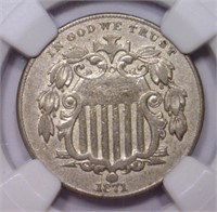 1871 Shield Nickel Type Coin NGC AU details clnd