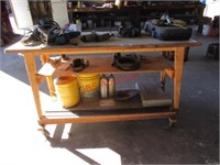 Wooden Shop Bench on Casters with Contents