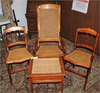 4 pc. Cane Chairs, rocker and table