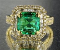 14kt Gold Cushion Cut 3.69 ct Emerald/Diamond Ring