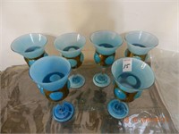 LOT 6 BLUE GLASS GOBLETS / BRASS WRAP 8" H