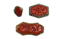 LOT OF CHINESE RED CINNABAR LACQUER JEWELLERY