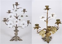 Two Metal and Milk Glass Floral Candelabras