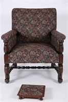 Carved Wood and Upholstered Closed Arm Chair