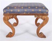 Carved Oak Ottoman with Bee Pattern Upholstery