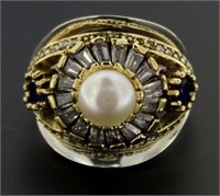 Elegant Pearl & White Topaz Baguette Ring
