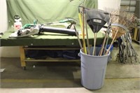 Garbage Can w/Rakes, Electric Trimmer & Blower,